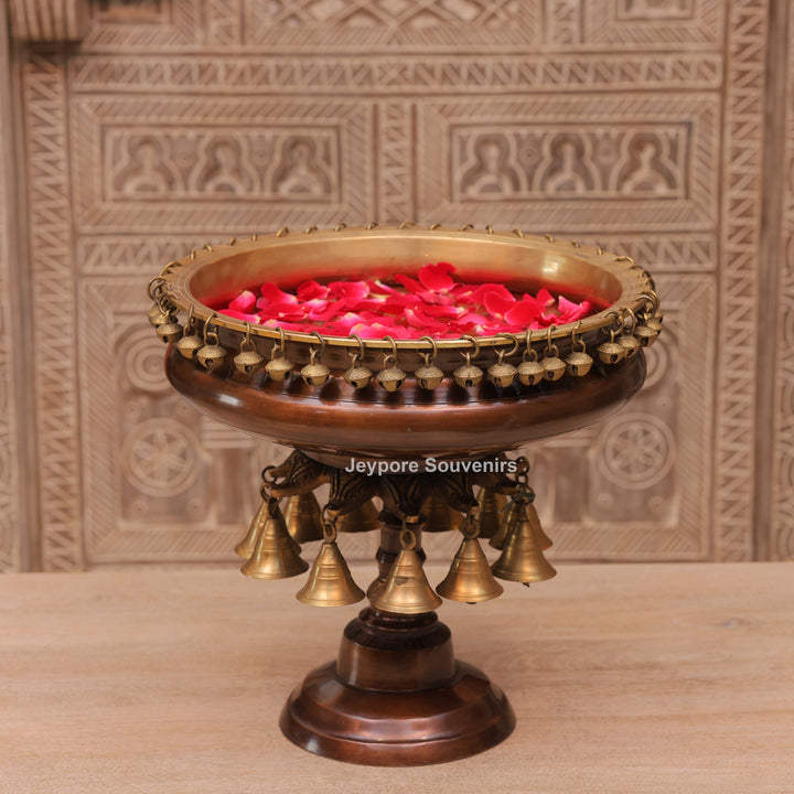 12" Handcrafted Brass Urli Pooja Lamp with Hanging Bells