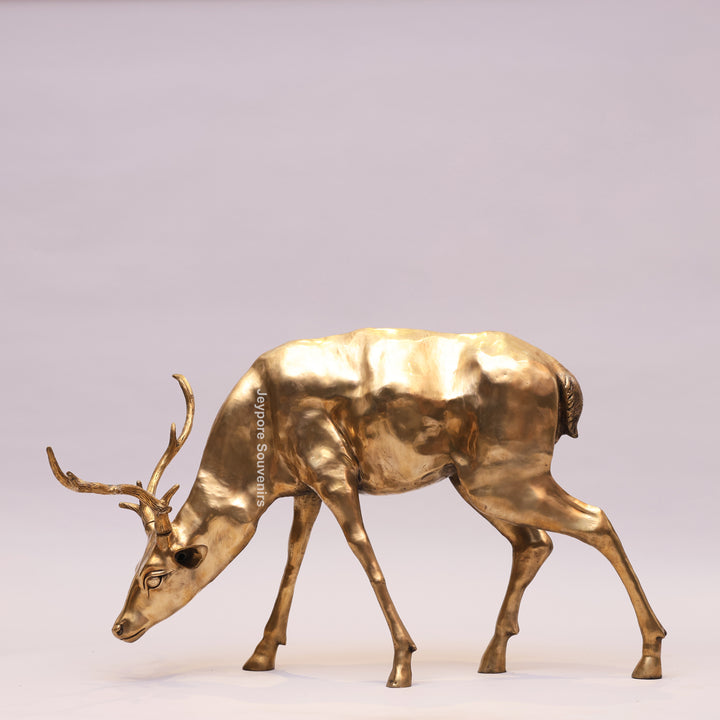 Handcrafted Gold-Toned Brass Grazing Deer Sculpture