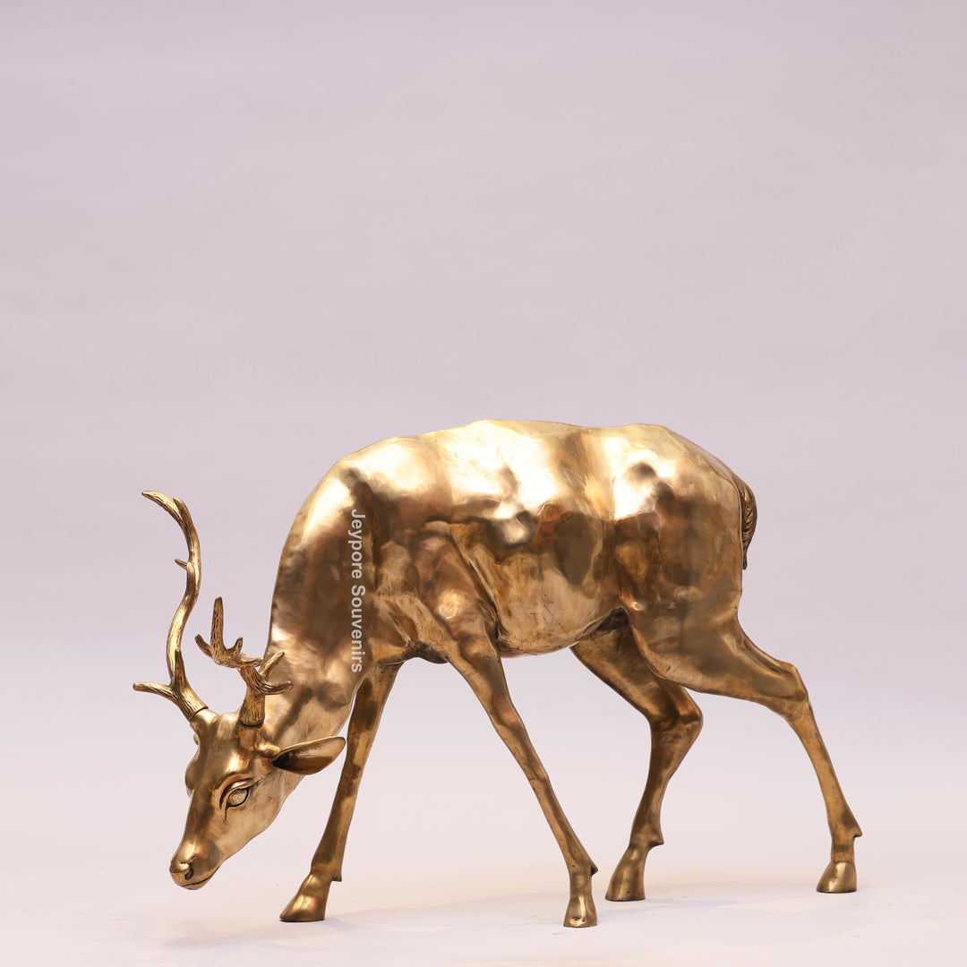 Handcrafted Gold-Toned Brass Grazing Deer Sculpture