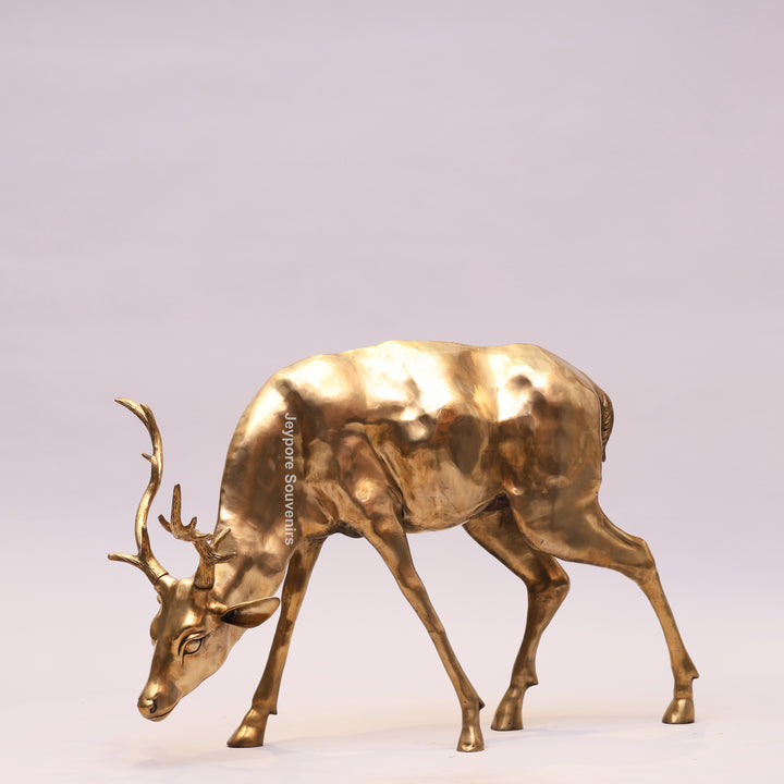Handcrafted Gold-Toned Brass Grazing Deer Sculpture