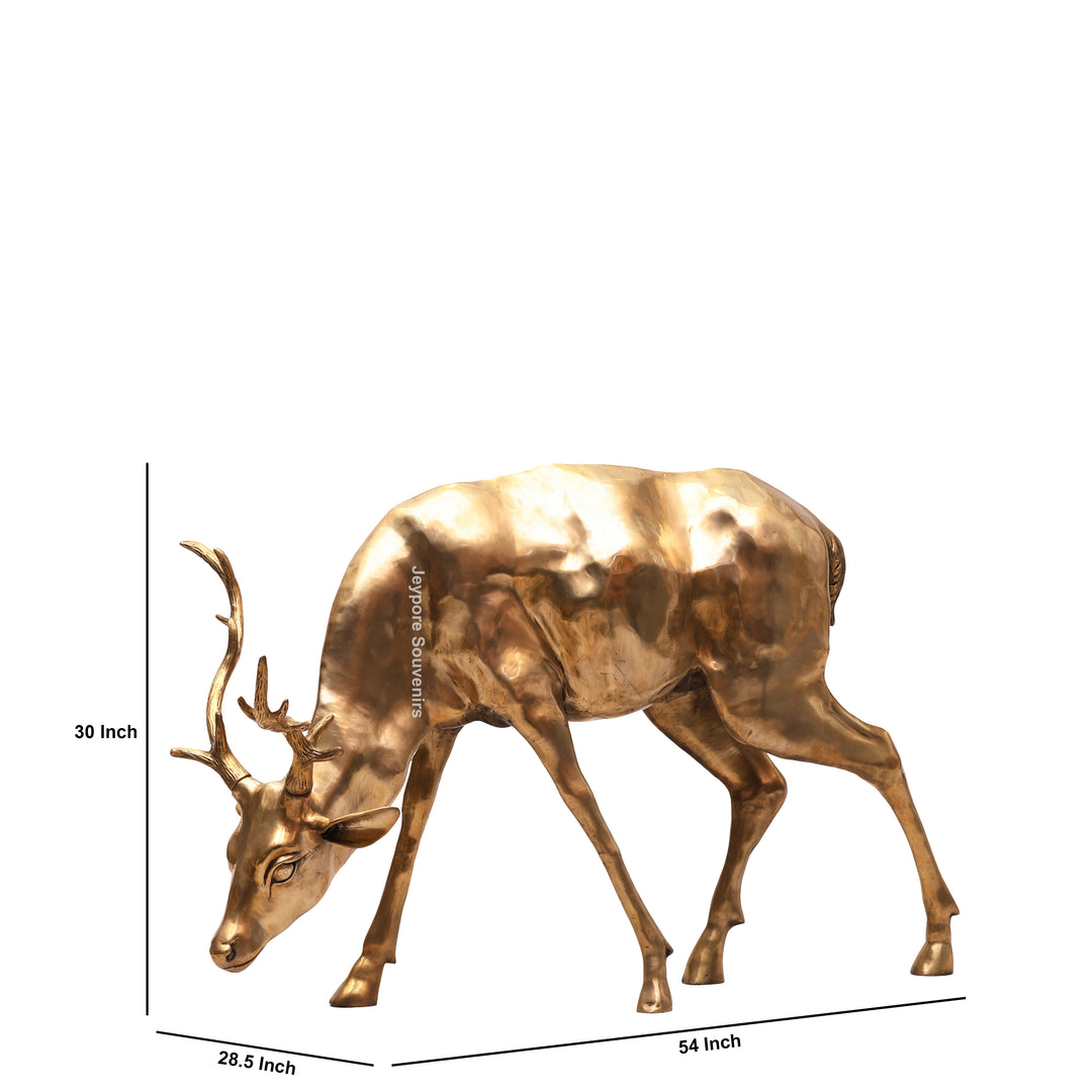 Handcrafted Gold-Toned Brass Grazing Deer Sculpture