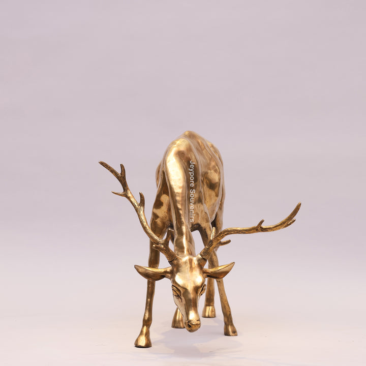 Handcrafted Gold-Toned Brass Grazing Deer Sculpture