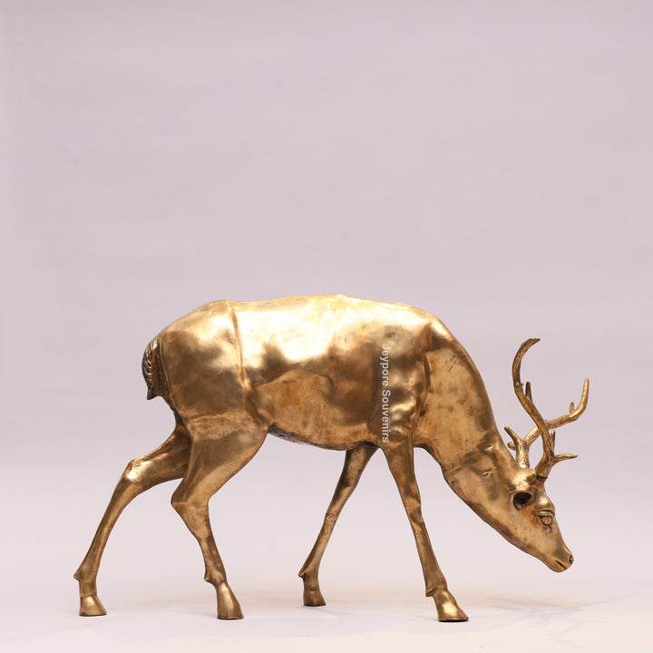 Handcrafted Gold-Toned Brass Grazing Deer Sculpture