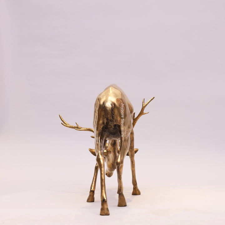 Handcrafted Gold-Toned Brass Grazing Deer Sculpture