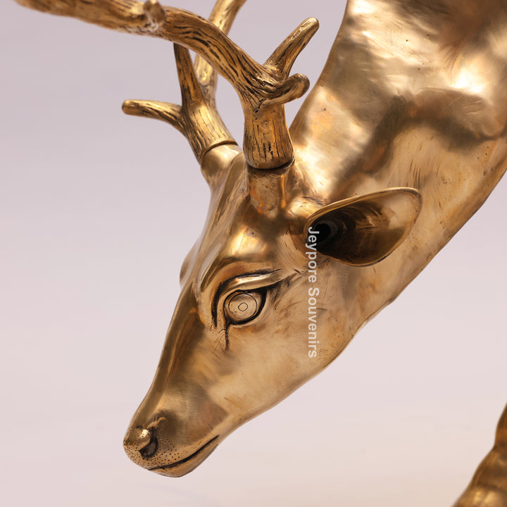 Handcrafted Gold-Toned Brass Grazing Deer Sculpture