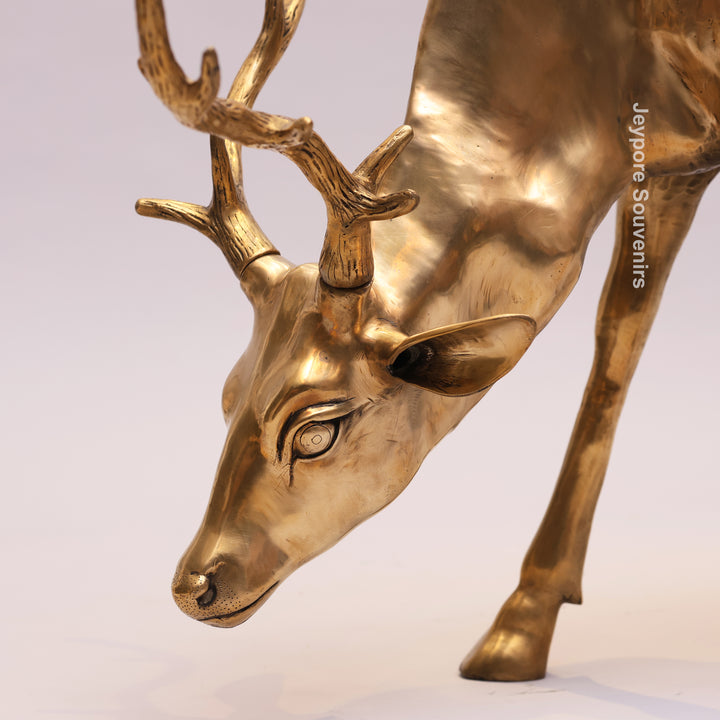 Handcrafted Gold-Toned Brass Grazing Deer Sculpture