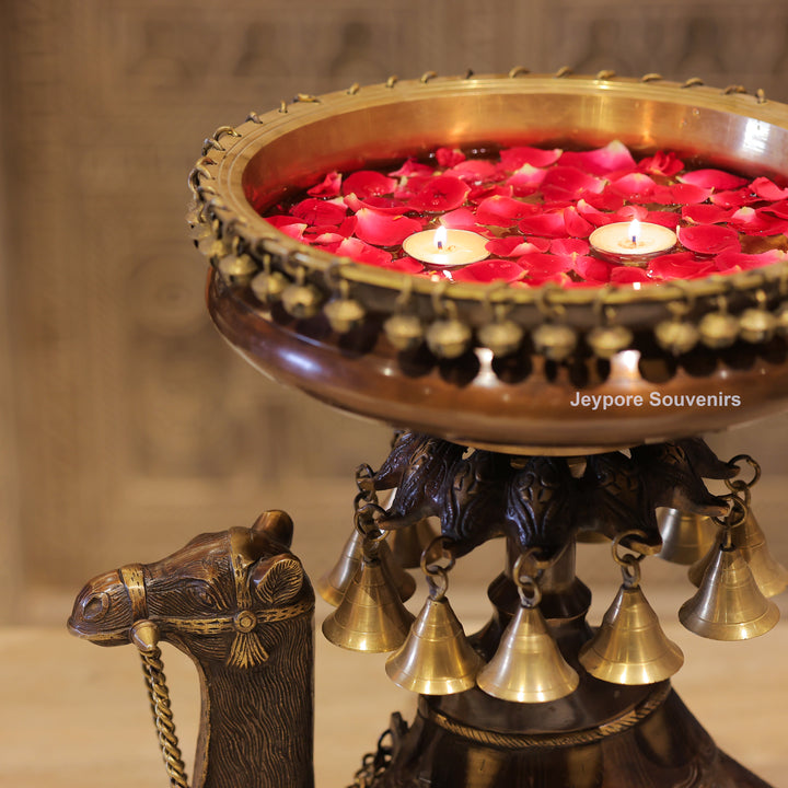 Handcrafted Brass Camel Urli Bowl with Hanging Bells