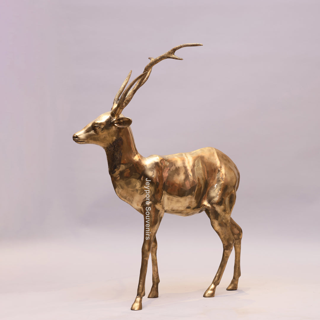 Large Handcrafted Solid Brass Standing Deer Statue