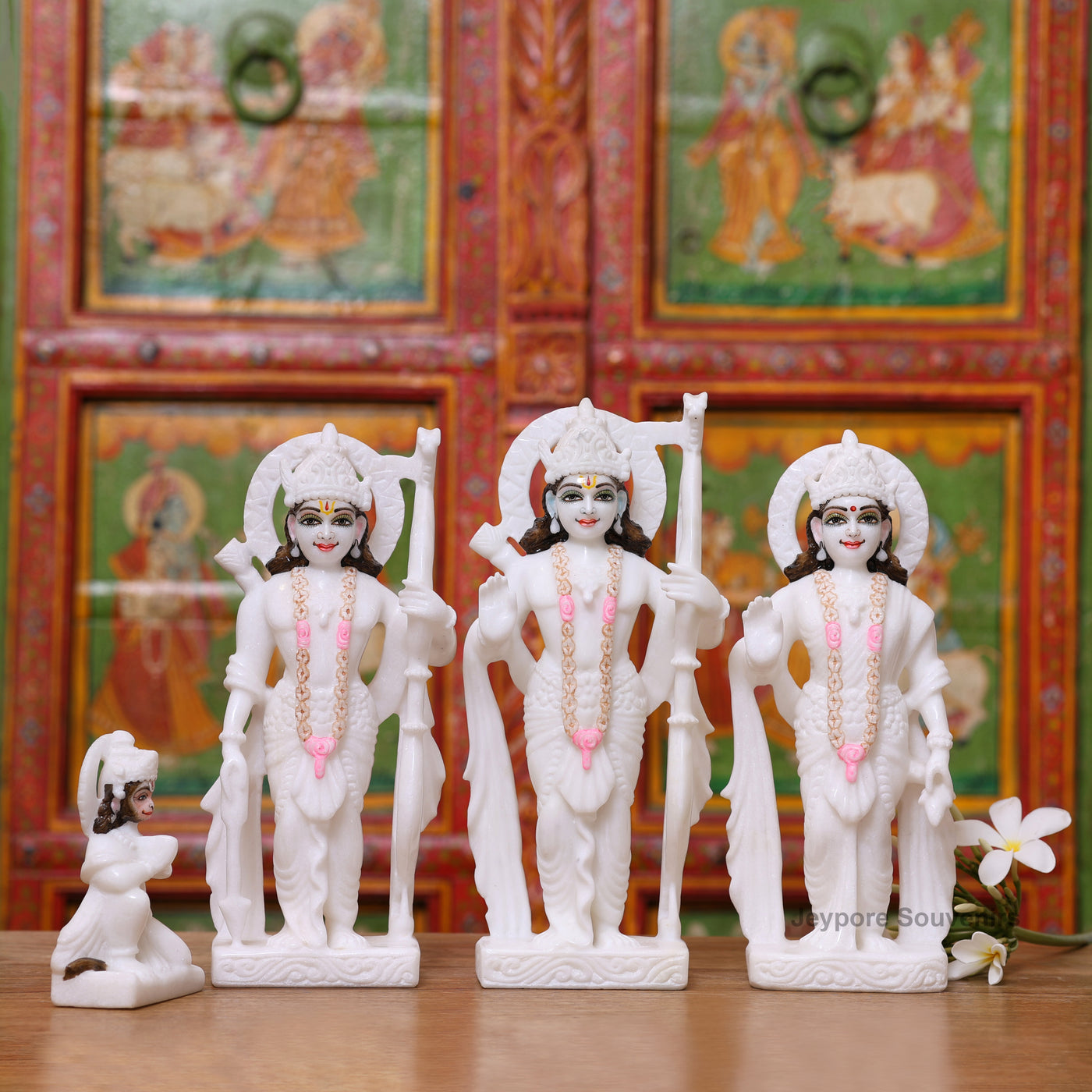 12" Pure White Marble Lord Rama, Lakshman, Sita And Hanuman Statue Pair