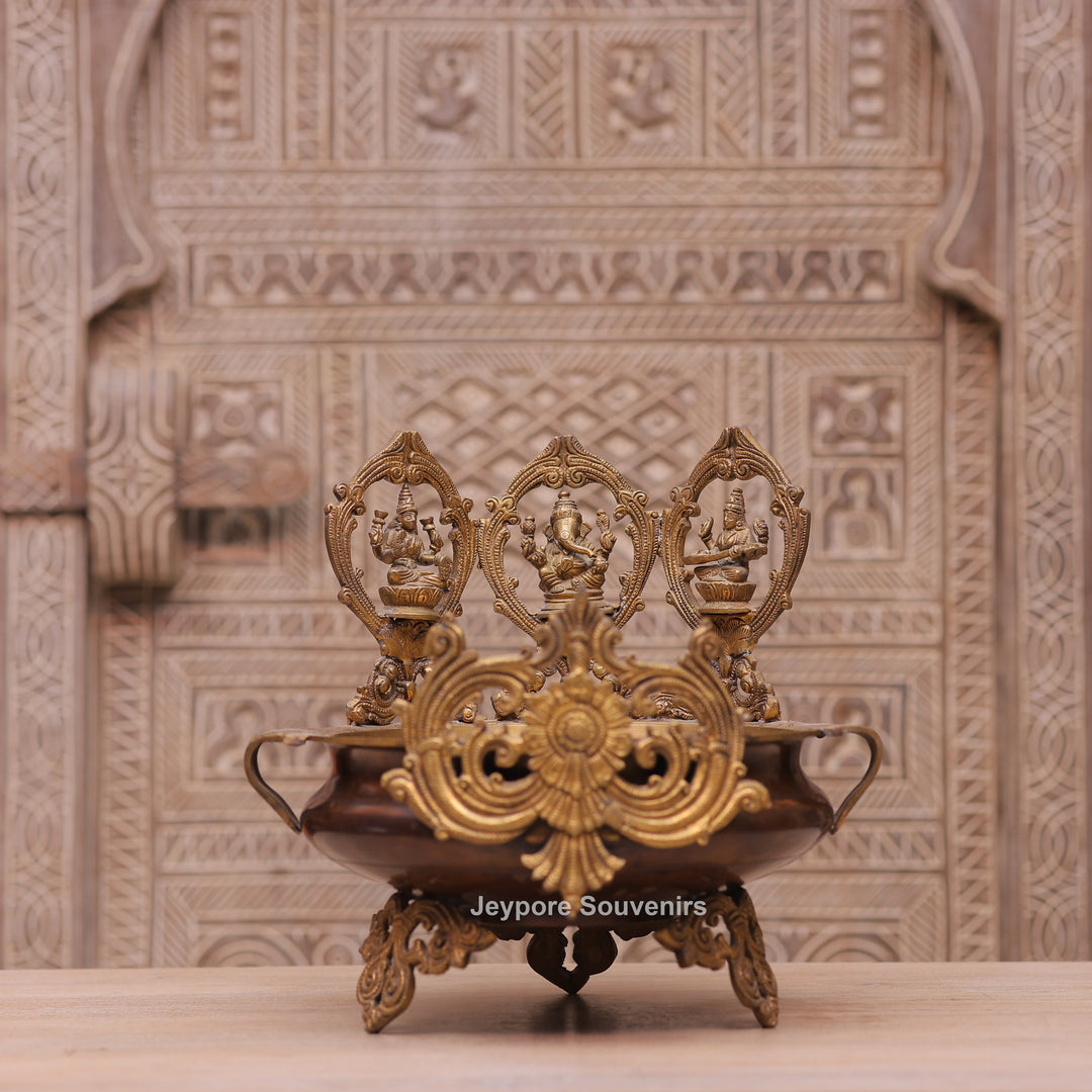 Handcrafted Brass Urli Bowl with Lakshmi, Ganesha &amp; Saraswati Idols