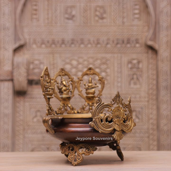 Handcrafted Brass Urli Bowl with Lakshmi, Ganesha &amp; Saraswati Idols