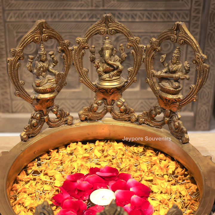 Handcrafted Brass Urli Bowl with Lakshmi, Ganesha &amp; Saraswati Idols
