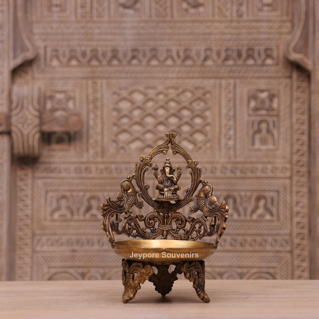 Handcrafted Brass Ganesha Peacock Urli Oil Lamp