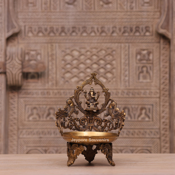 Handcrafted Brass Ganesha Peacock Urli Oil Lamp