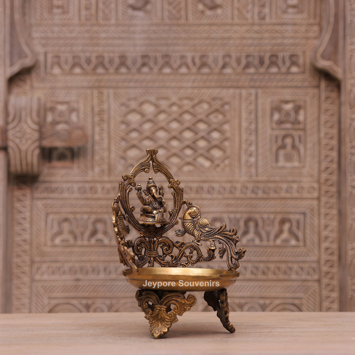 Handcrafted Brass Ganesha Peacock Urli Oil Lamp