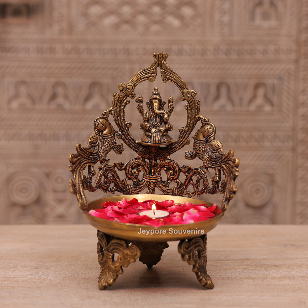 Handcrafted Brass Ganesha Peacock Urli Oil Lamp