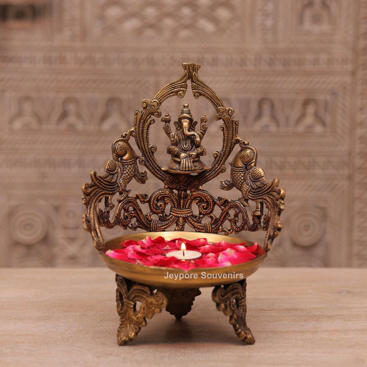 Handcrafted Brass Ganesha Peacock Urli Oil Lamp