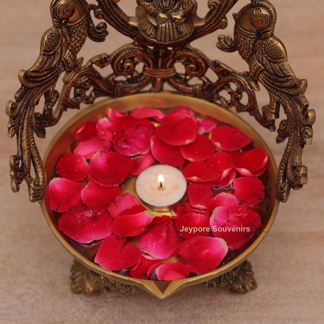 Handcrafted Brass Ganesha Peacock Urli Oil Lamp