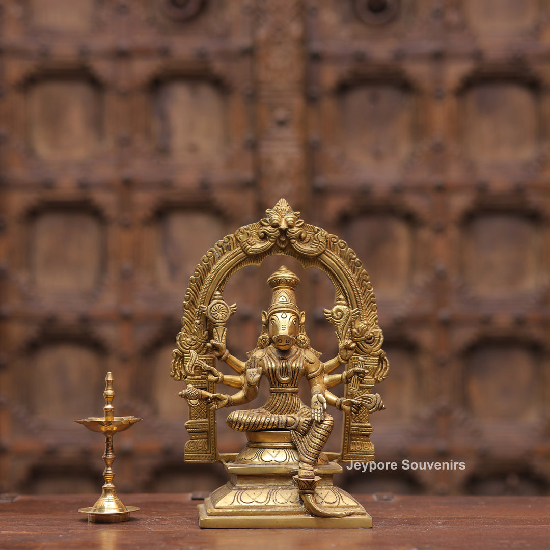 Handcrafted Brass Goddess Varahi Statue On Kirtimukha Prabhawali