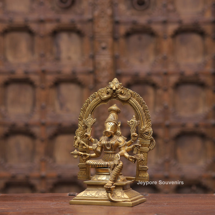 Handcrafted Brass Goddess Varahi Statue On Kirtimukha Prabhawali