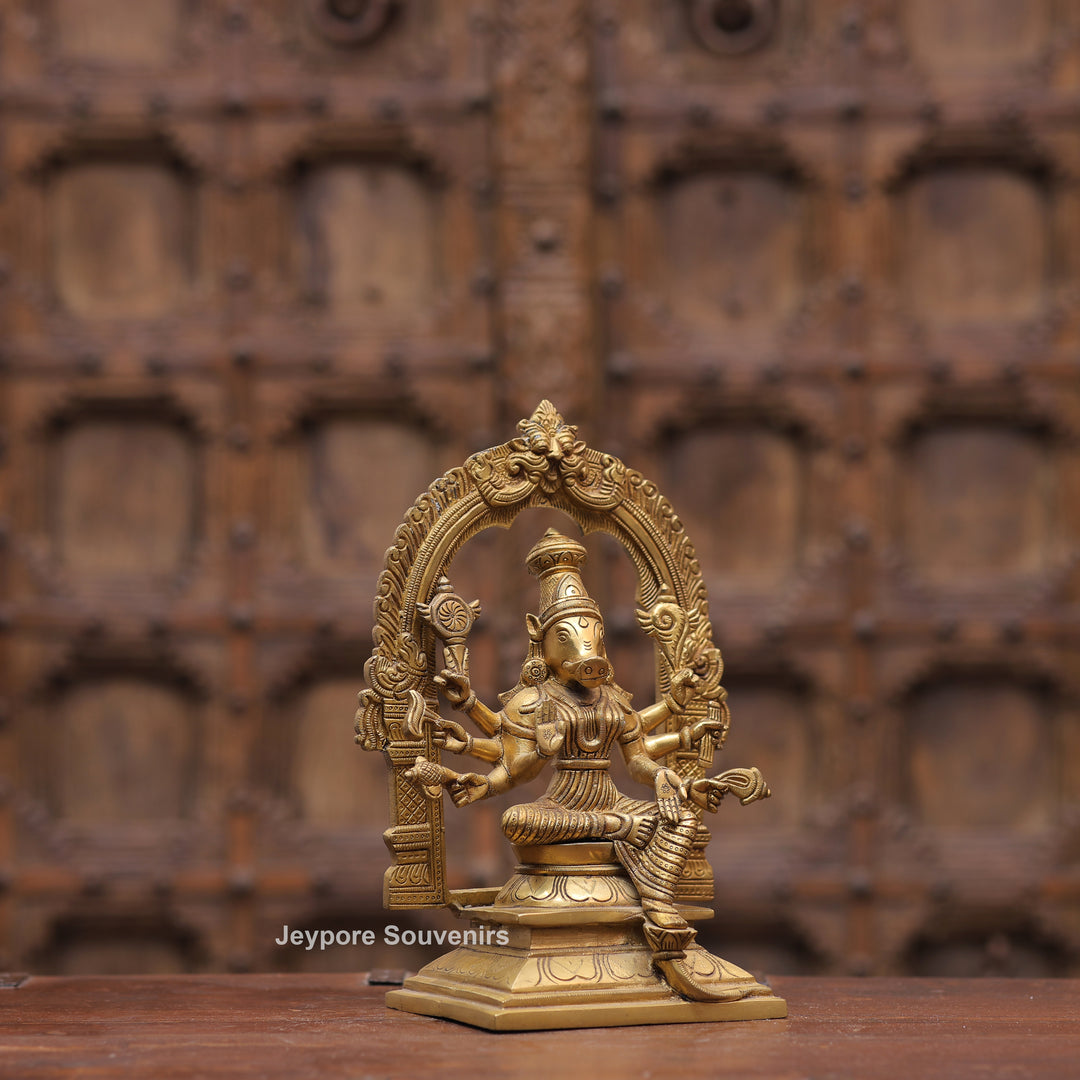 Handcrafted Brass Goddess Varahi Statue On Kirtimukha Prabhawali