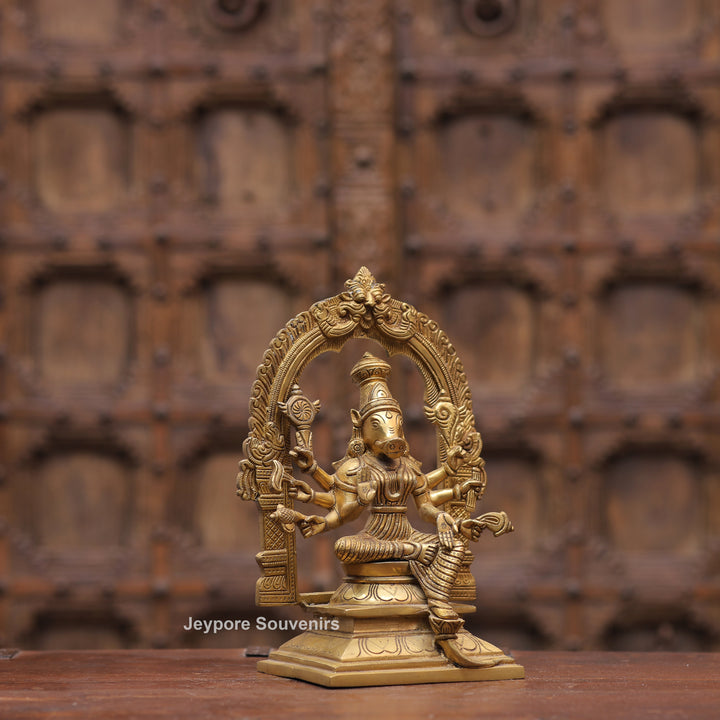 Handcrafted Brass Goddess Varahi Statue On Kirtimukha Prabhawali