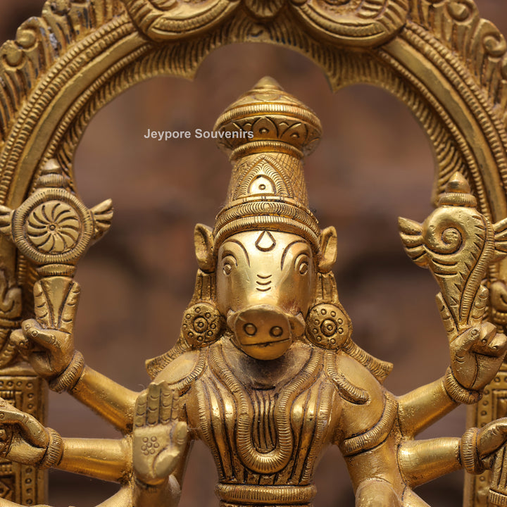 Handcrafted Brass Goddess Varahi Statue On Kirtimukha Prabhawali