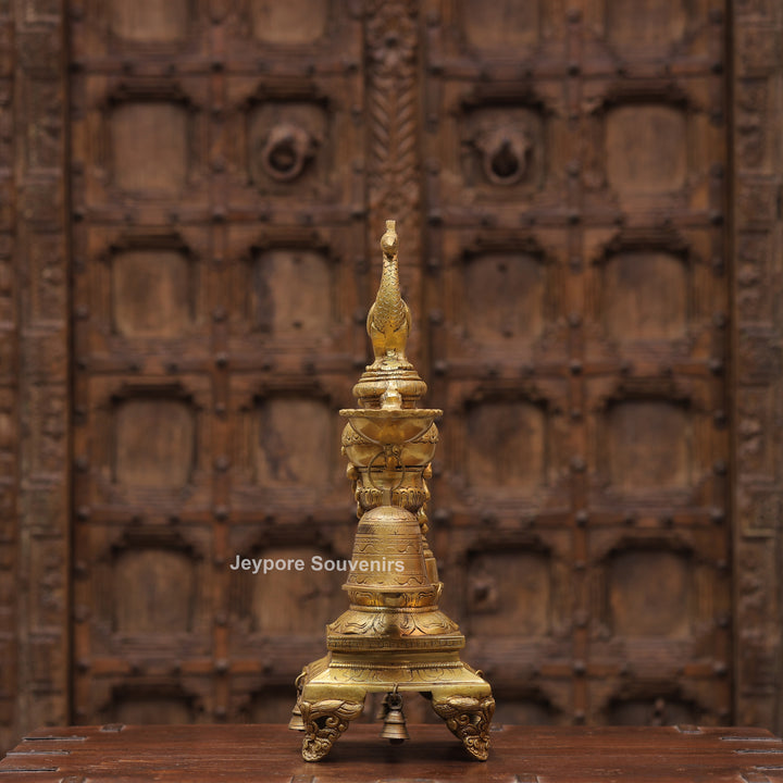 Handcrafted Brass Peacock Oil Lamp with Hanging Bells On Decorative Pedestal