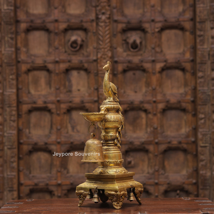 Handcrafted Brass Peacock Oil Lamp with Hanging Bells On Decorative Pedestal