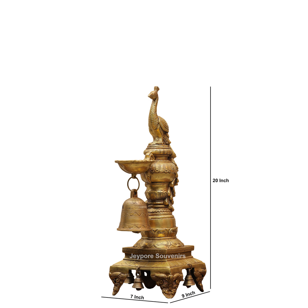 Handcrafted Brass Peacock Oil Lamp with Hanging Bells On Decorative Pedestal