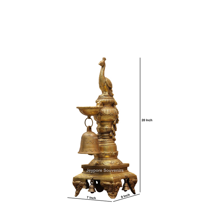 Handcrafted Brass Peacock Oil Lamp with Hanging Bells On Decorative Pedestal