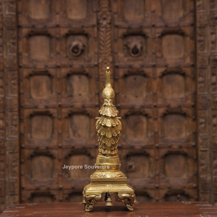 Handcrafted Brass Peacock Oil Lamp with Hanging Bells On Decorative Pedestal