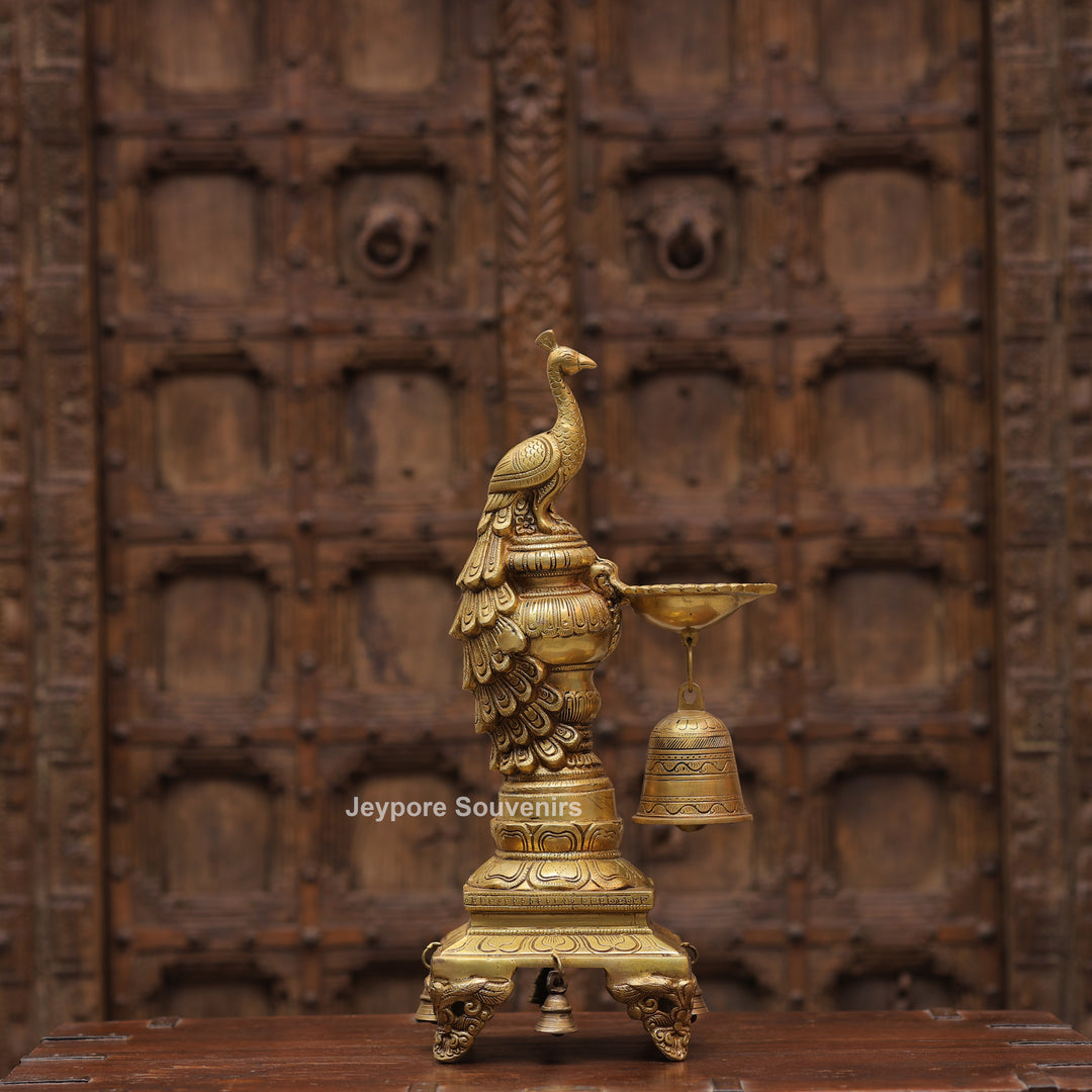 Handcrafted Brass Peacock Oil Lamp with Hanging Bells On Decorative Pedestal