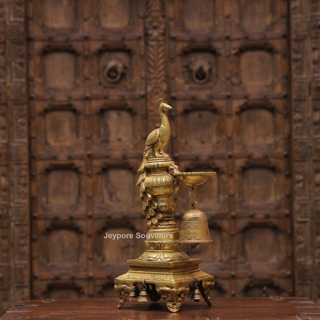 Handcrafted Brass Peacock Oil Lamp with Hanging Bells On Decorative Pedestal