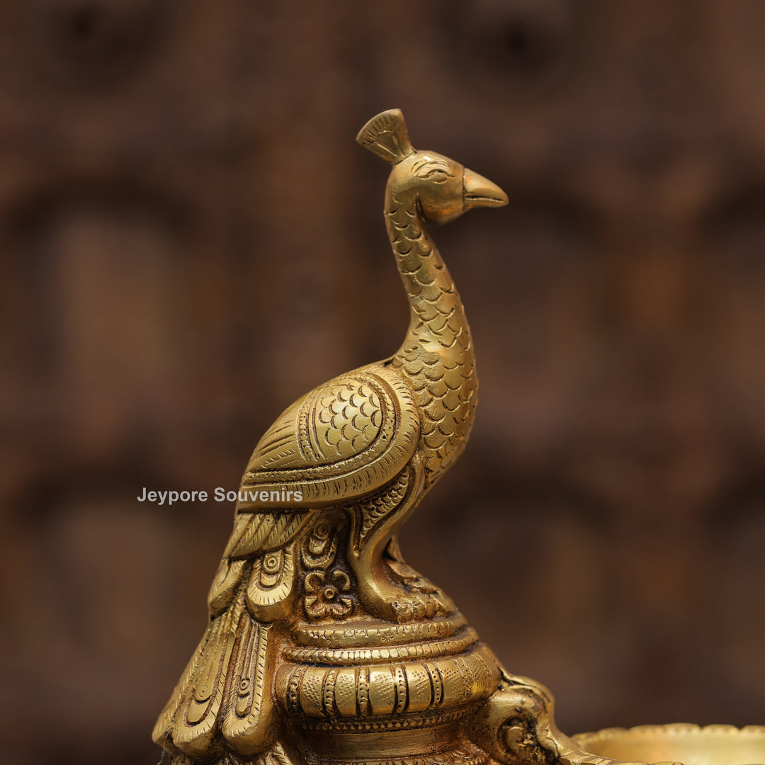 Handcrafted Brass Peacock Oil Lamp with Hanging Bells On Decorative Pedestal