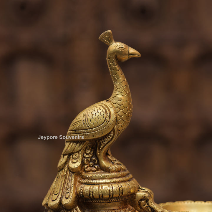 Handcrafted Brass Peacock Oil Lamp with Hanging Bells On Decorative Pedestal