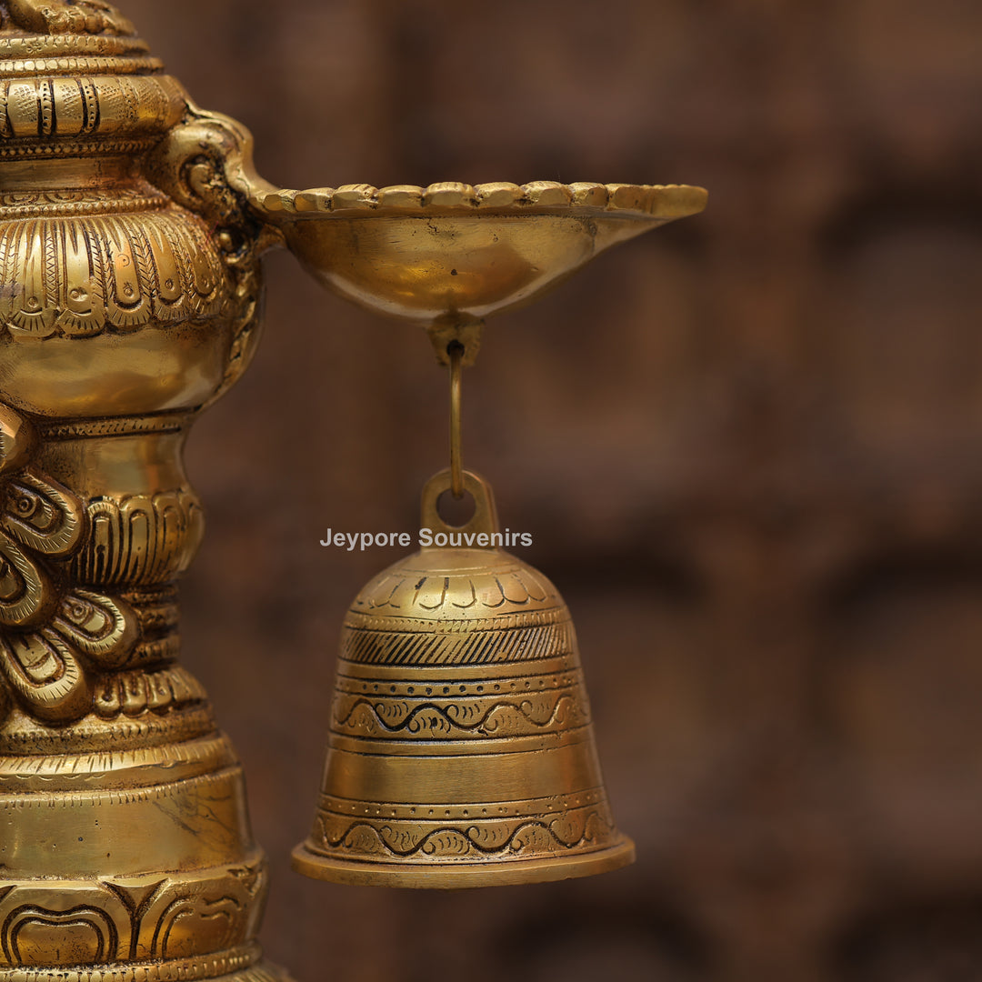 Handcrafted Brass Peacock Oil Lamp with Hanging Bells On Decorative Pedestal