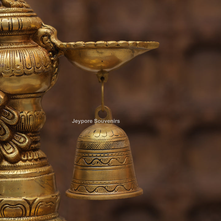 Handcrafted Brass Peacock Oil Lamp with Hanging Bells On Decorative Pedestal