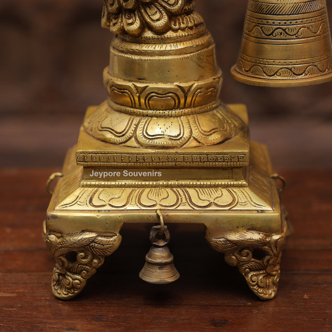 Handcrafted Brass Peacock Oil Lamp with Hanging Bells On Decorative Pedestal