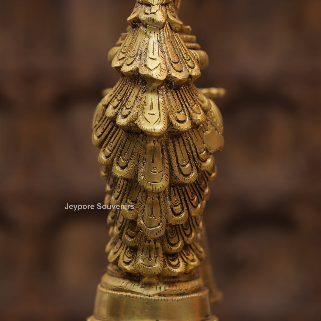 Handcrafted Brass Peacock Oil Lamp with Hanging Bells On Decorative Pedestal