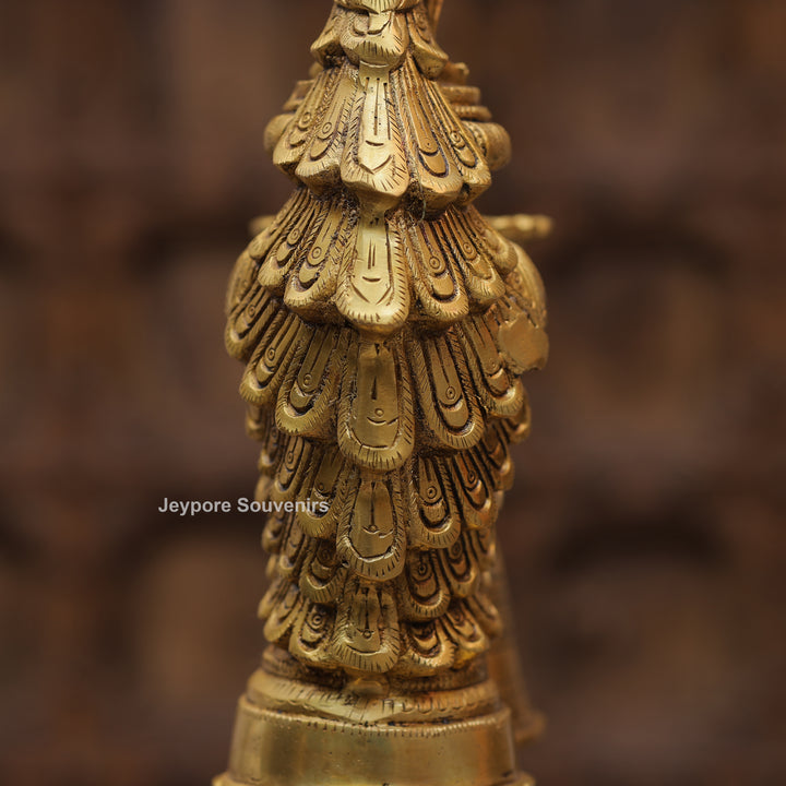 Handcrafted Brass Peacock Oil Lamp with Hanging Bells On Decorative Pedestal