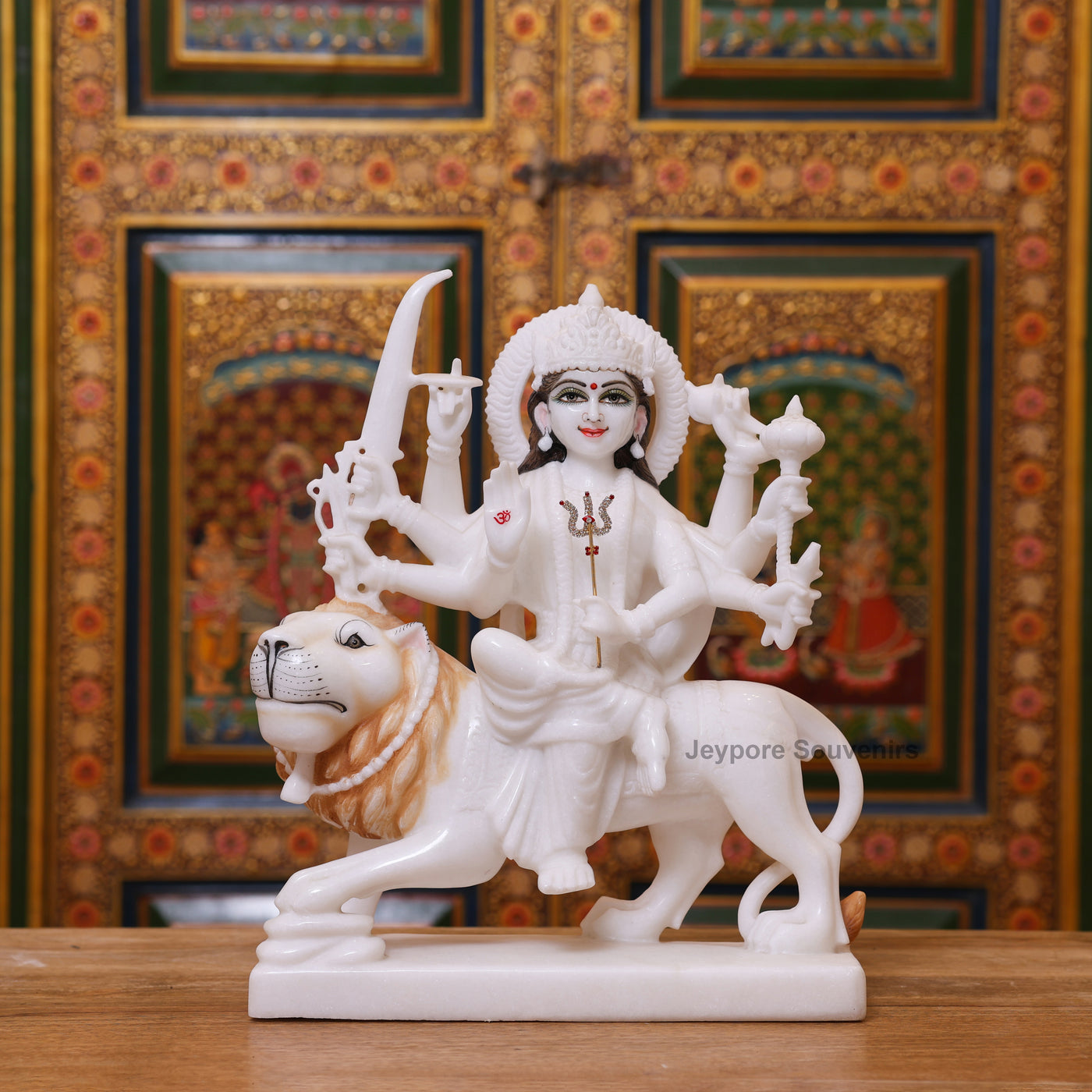 15" Handcrafted Goddess Durga Idol on Lion Made in Pure White Marble