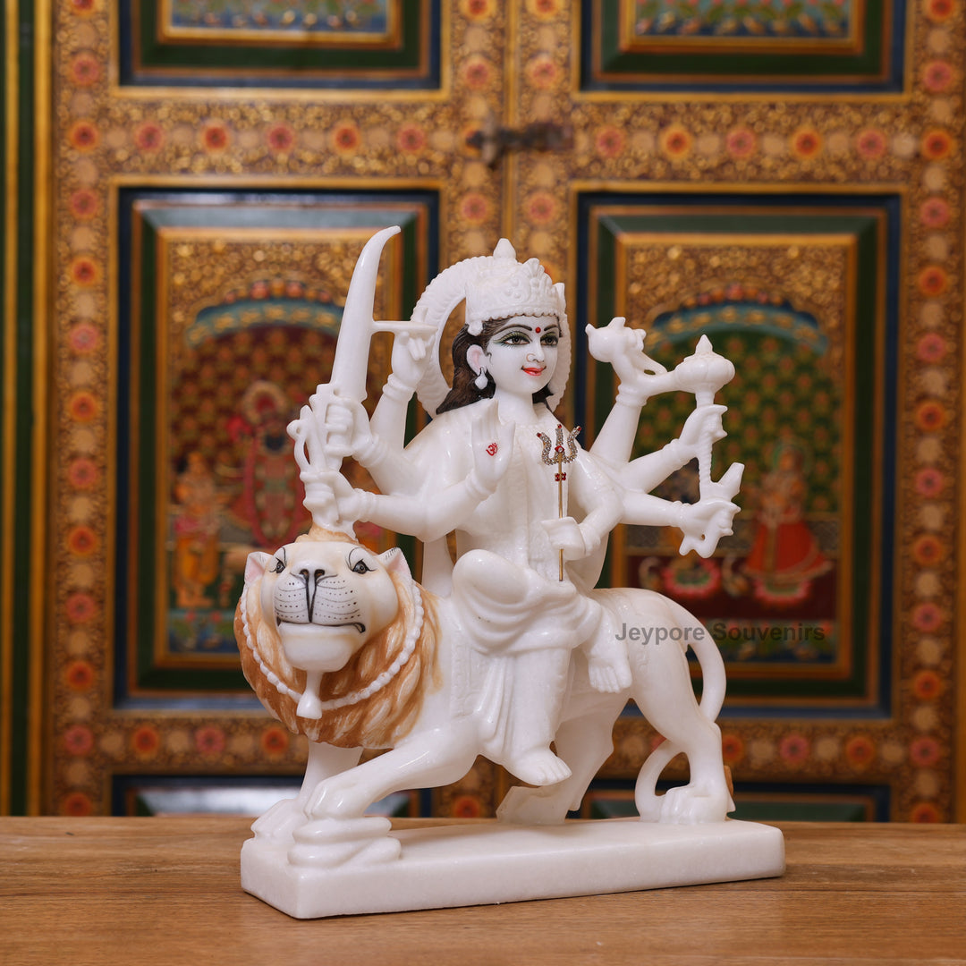 15" Handcrafted Goddess Durga Idol on Lion Made in Pure White Marble