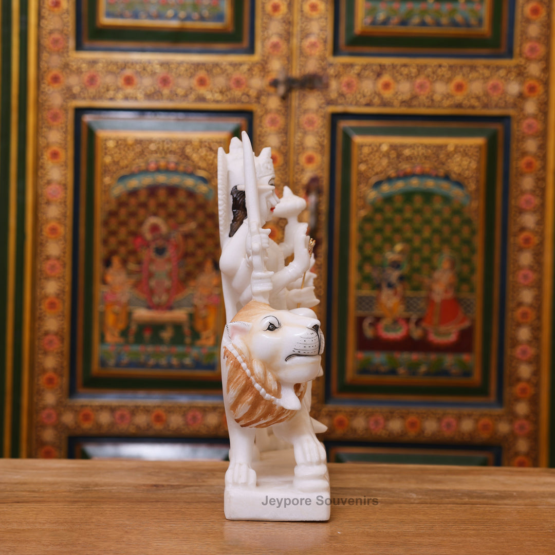 15" Handcrafted Goddess Durga Idol on Lion Made in Pure White Marble