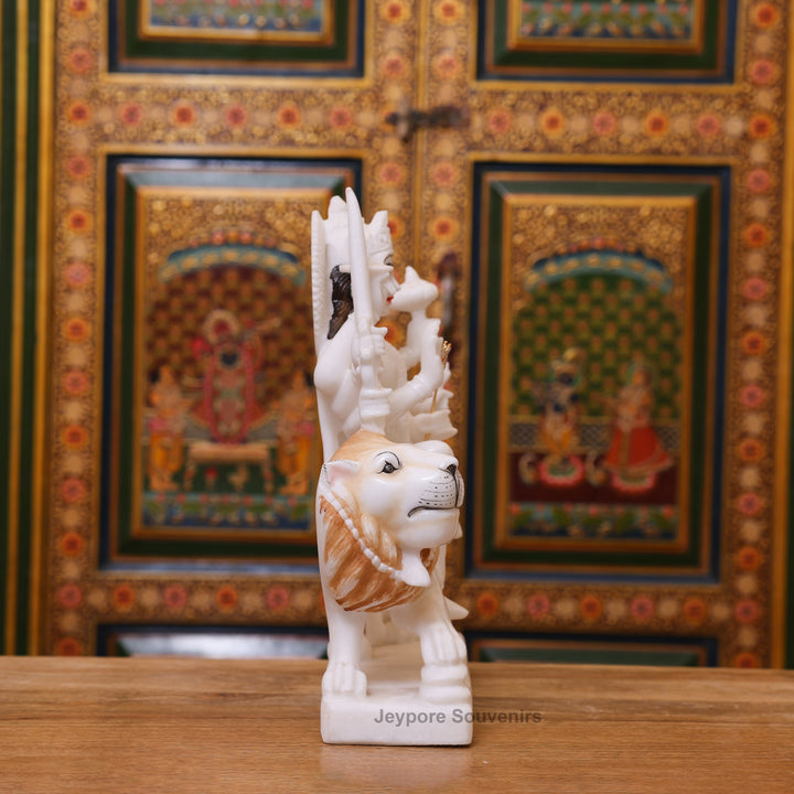 15" Handcrafted Goddess Durga Idol on Lion Made in Pure White Marble