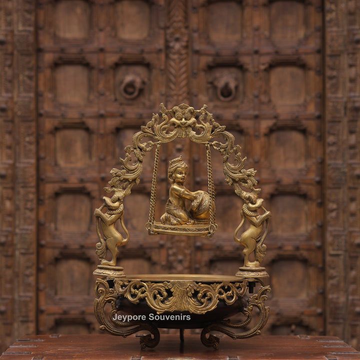 21" Brass Laddu Gopal Decorative Urli Bowl with Swing
