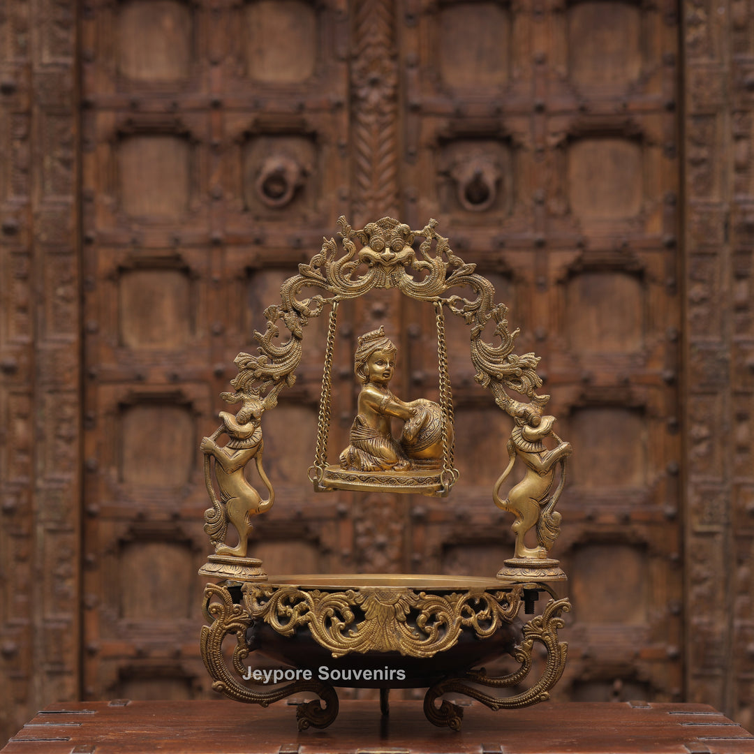 21" Brass Laddu Gopal Decorative Urli Bowl with Swing