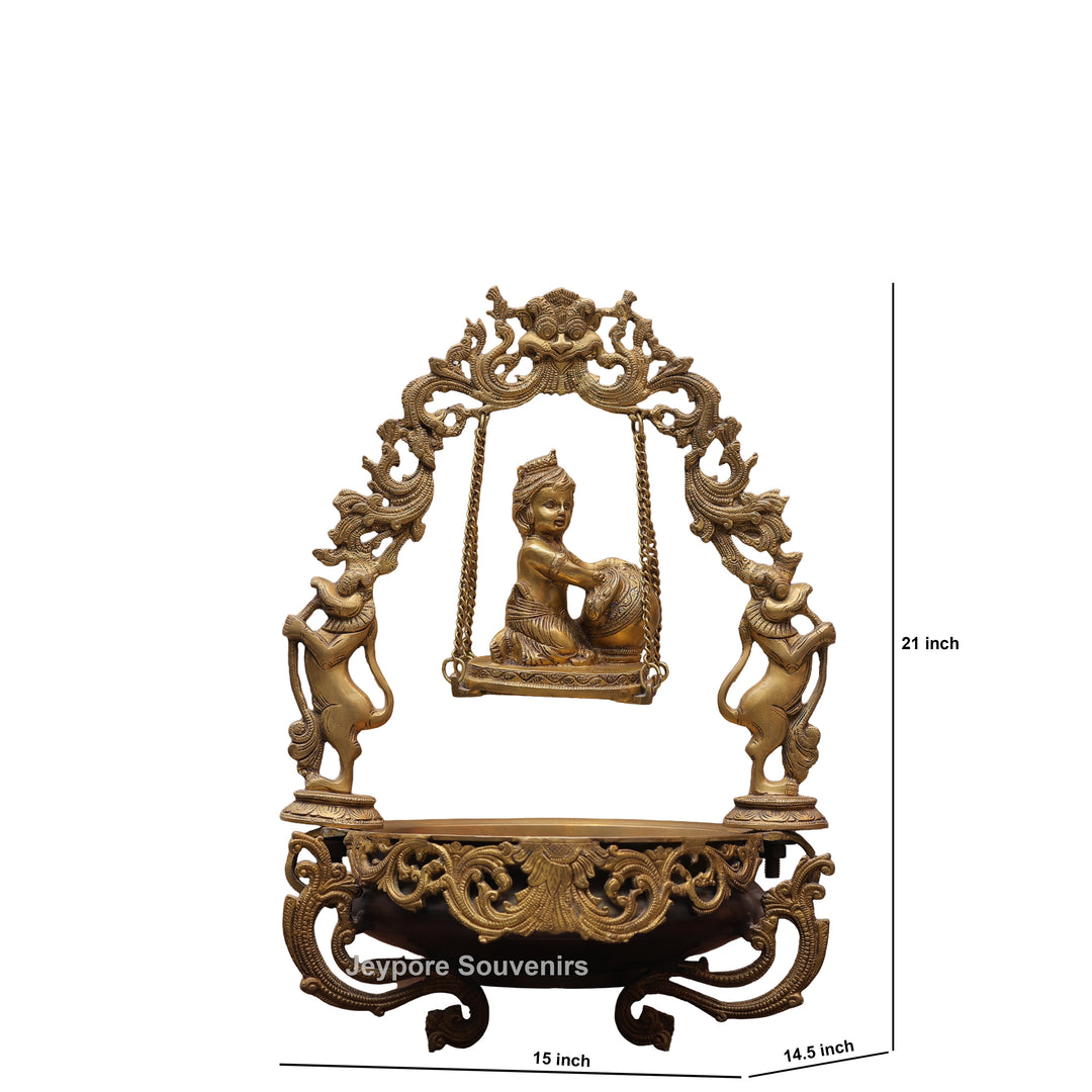 21" Brass Laddu Gopal Decorative Urli Bowl with Swing
