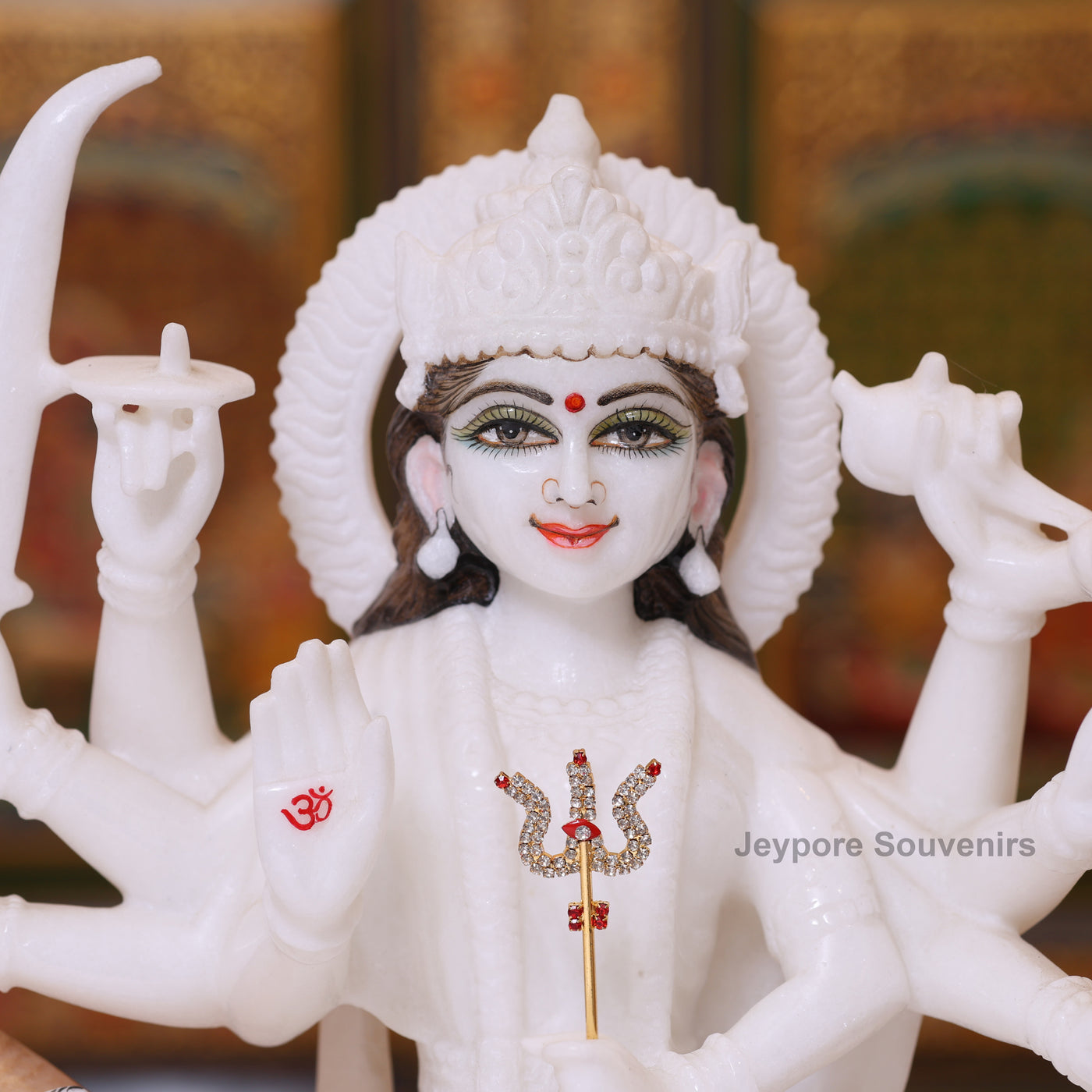 15" Handcrafted Goddess Durga Idol on Lion Made in Pure White Marble