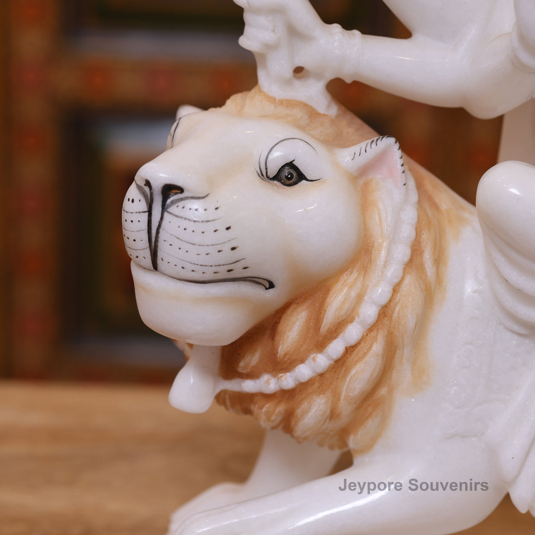 15" Handcrafted Goddess Durga Idol on Lion Made in Pure White Marble